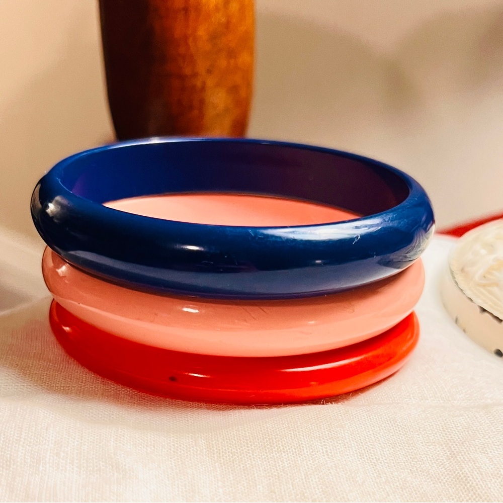 3 Vintage Plastic Bracelets, Bangles, Red, Blue, Peach